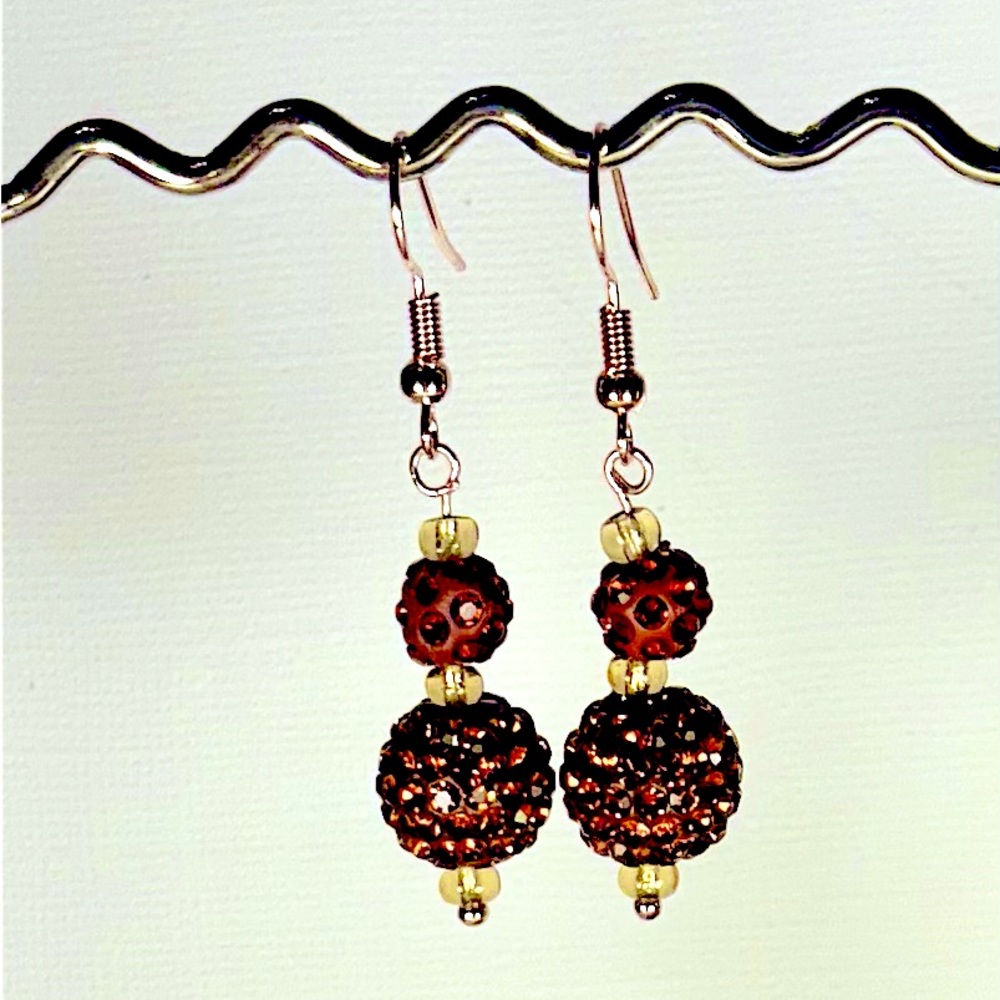 🍁Earrings Pierced Handcrafted Autumn Colors 🍂Brown Beads Rhinestones Yellow
